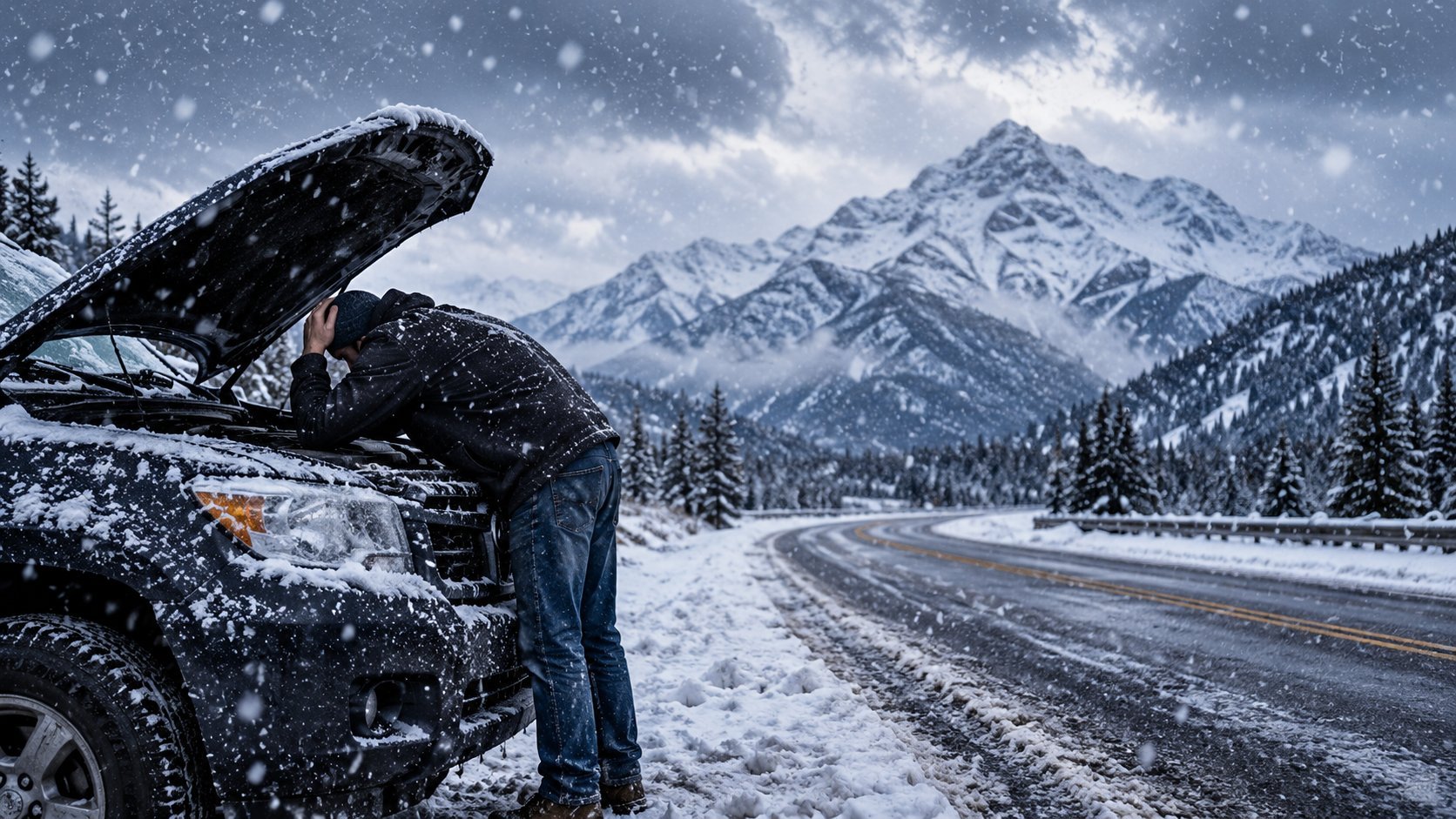 Car with open hood broken down on snowy mountain road with snow-capped peaks in background